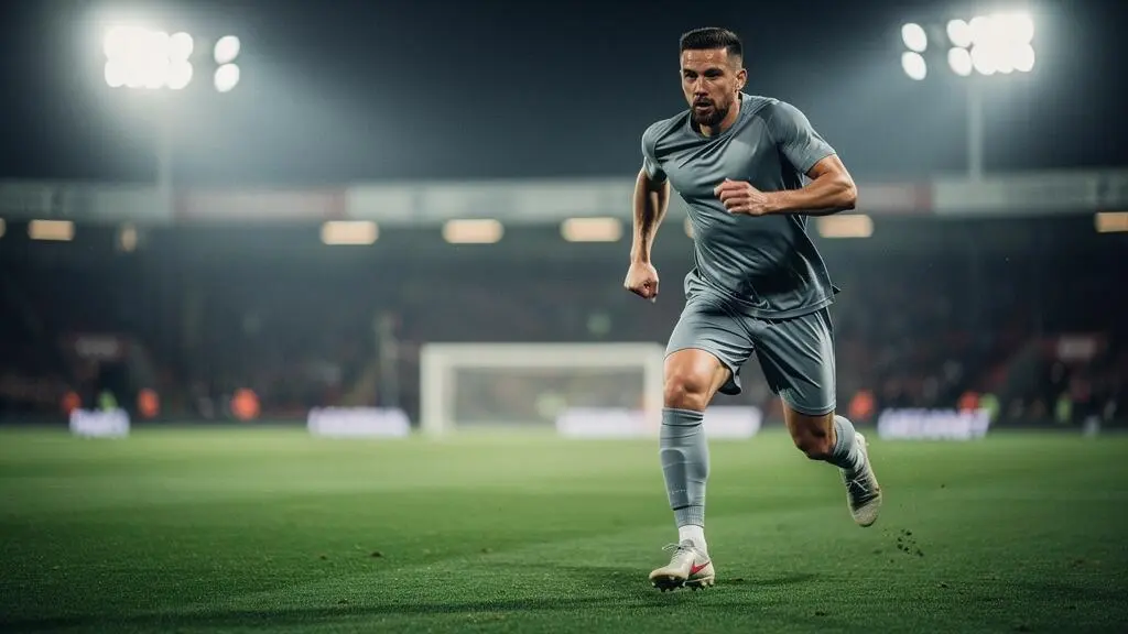 Joueur de football professionnel en plein sprint sur une pelouse anglaise sous les projecteurs du stade, illustrant l'intensité physique de la Premier League