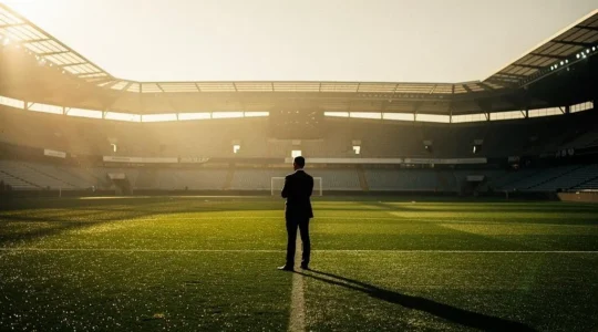 Stade de football vide au lever du soleil symbolisant la preparation strategique du mercato six mois a l'avance