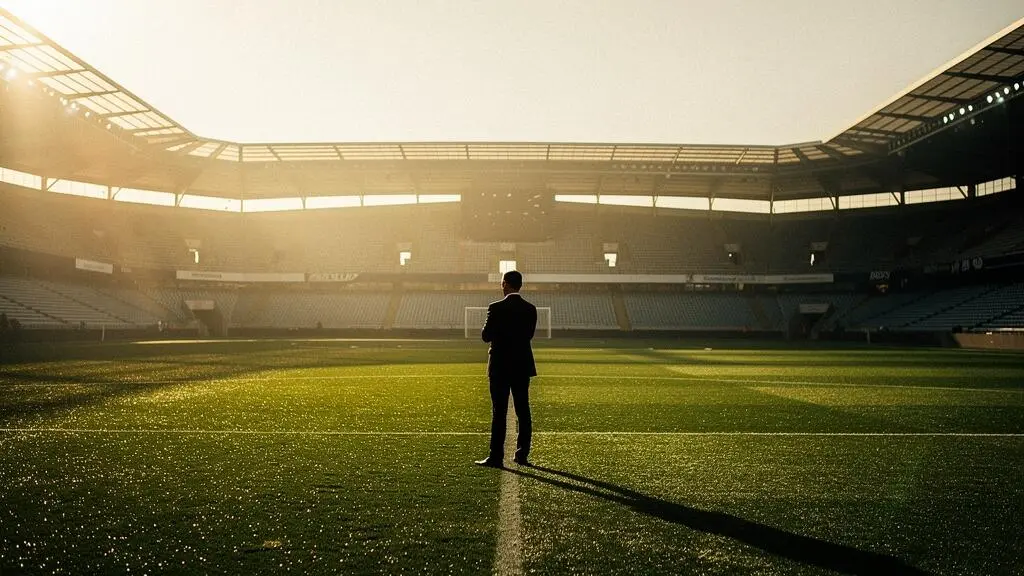Stade de football vide au lever du soleil symbolisant la preparation strategique du mercato six mois a l'avance