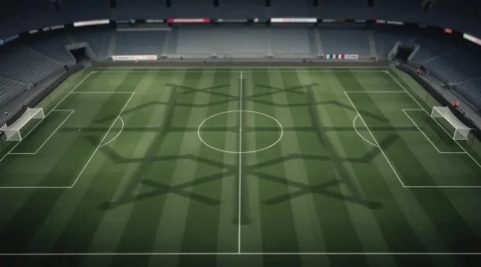 Vue aérienne symbolique d'un stade de football européen la nuit, illustrant les lignes tactiques d'une équipe organisée sur le terrain