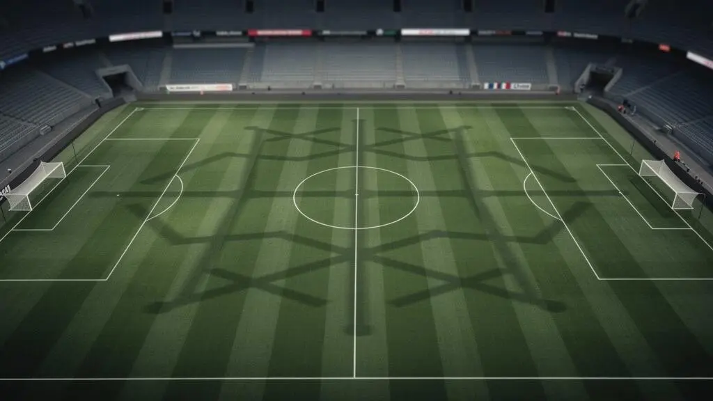 Vue aérienne symbolique d'un stade de football européen la nuit, illustrant les lignes tactiques d'une équipe organisée sur le terrain