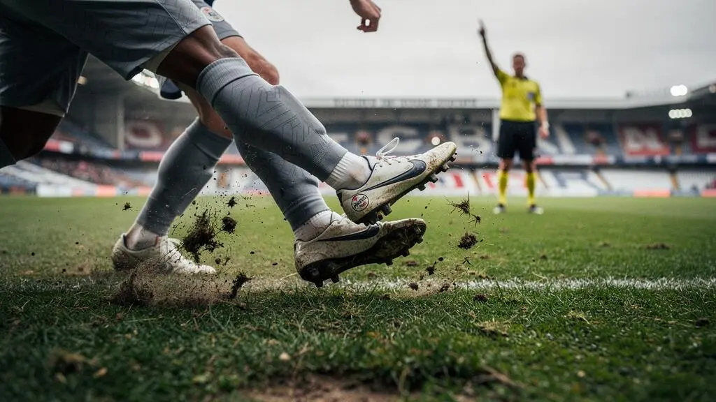 Scène de match de football illustrant l'instant tendu d'un tacle disputé entre deux joueurs sous le regard de l'arbitre