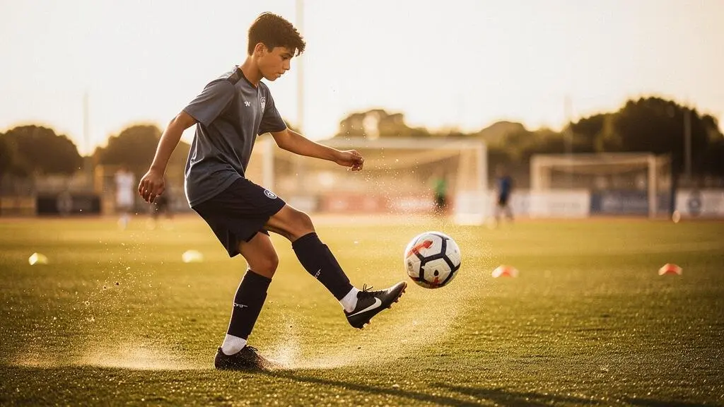 Jeune footballeur effectuant un controle de balle precis sur un terrain d'entrainement espagnol au lever du soleil