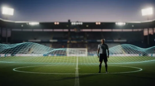 Vue symbolique d'un stade de football au crépuscule où une grille de données lumineuses se superpose au regard d'un arbitre, illustrant la fusion entre jugement humain et technologie vidéo.