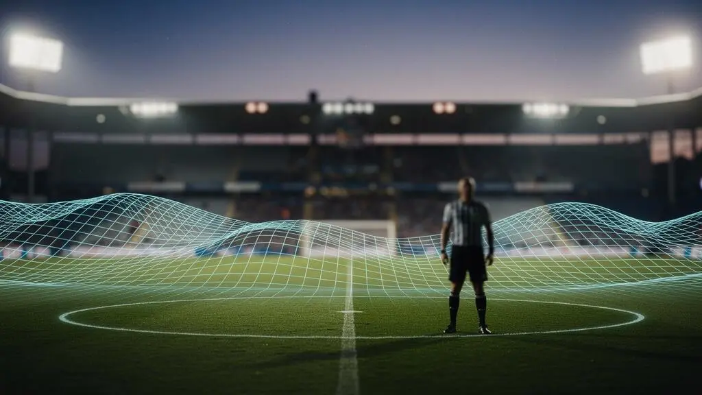 Vue symbolique d'un stade de football au crépuscule où une grille de données lumineuses se superpose au regard d'un arbitre, illustrant la fusion entre jugement humain et technologie vidéo.