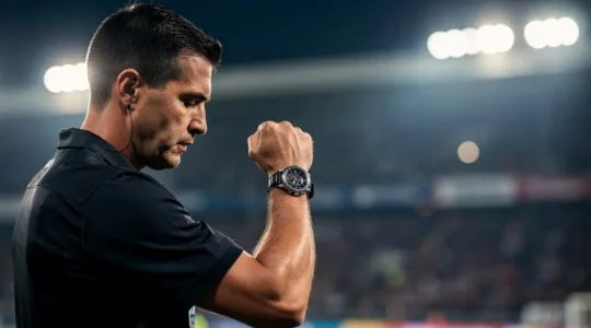 Arbitre de football consultant sa montre sur fond de stade flouté, symbolisant la gestion du temps additionnel