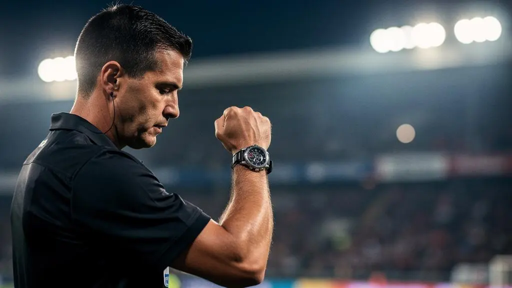 Arbitre de football consultant sa montre sur fond de stade flouté, symbolisant la gestion du temps additionnel