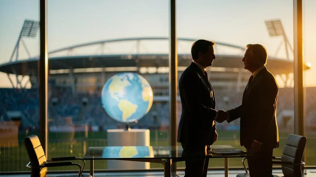 Deux dirigeants de club se serrant la main dans un bureau baigné de lumière dorée, avec en arrière-plan un stade et un globe symbolisant un transfert international