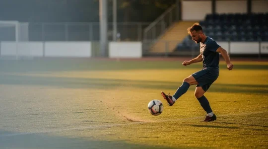 Joueur de football amateur exécutant un geste technique précis sur un terrain au crépuscule, symbolisant la transition vers le niveau professionnel