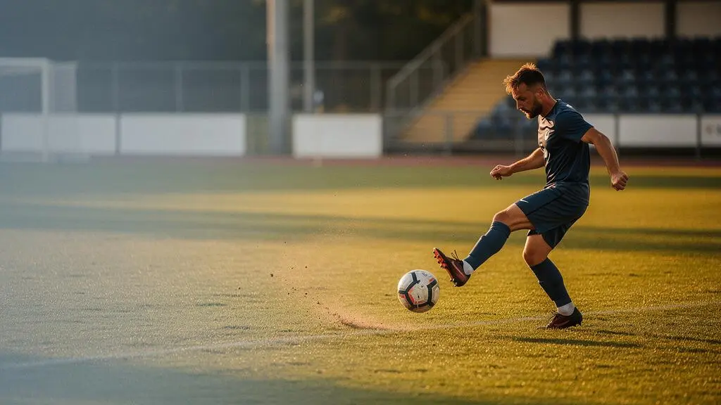 Joueur de football amateur exécutant un geste technique précis sur un terrain au crépuscule, symbolisant la transition vers le niveau professionnel