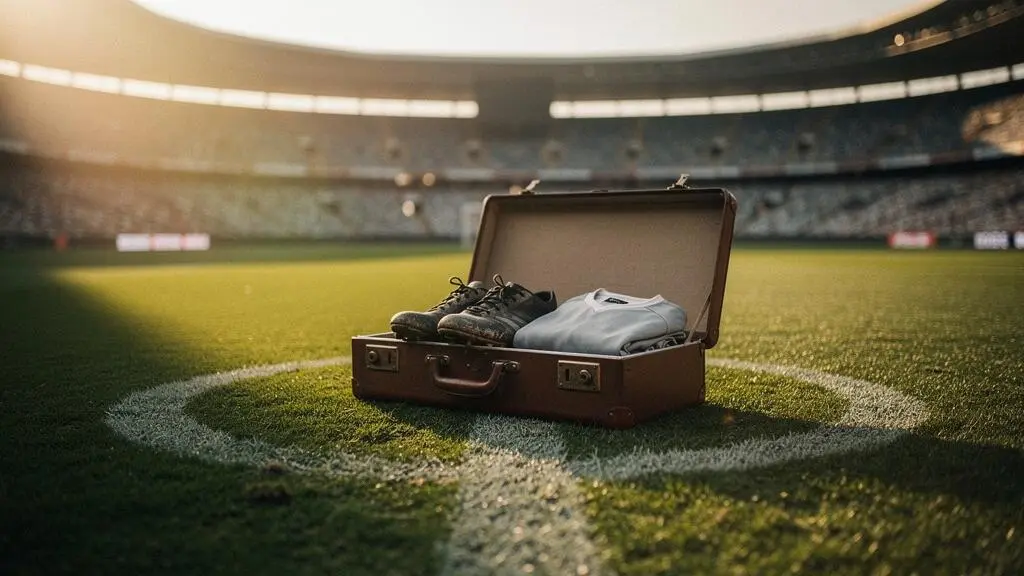 Crampons de football et maillot plies dans une valise ouverte sur une pelouse vide au coucher du soleil, symbole de la vente des talents francais